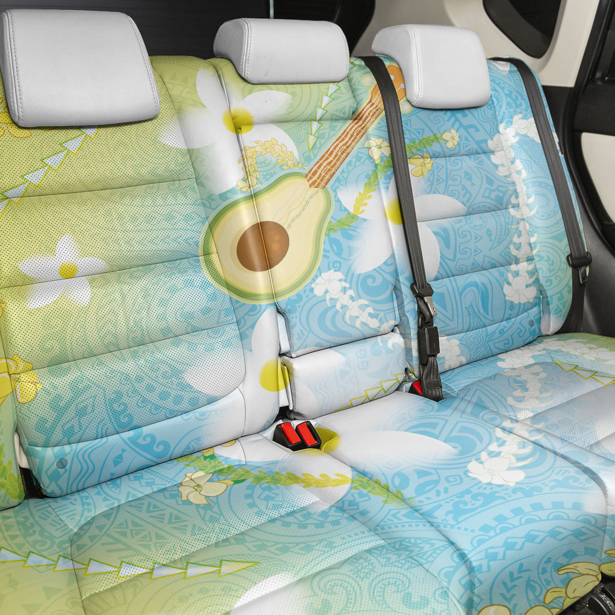 Hawaiian Ukulele Avocado Back Car Seat Cover Leis and Polynesian Pattern