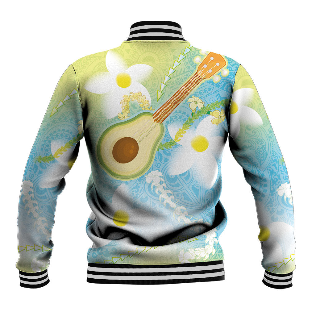 Hawaiian Ukulele Avocado Baseball Jacket Leis and Polynesian Pattern