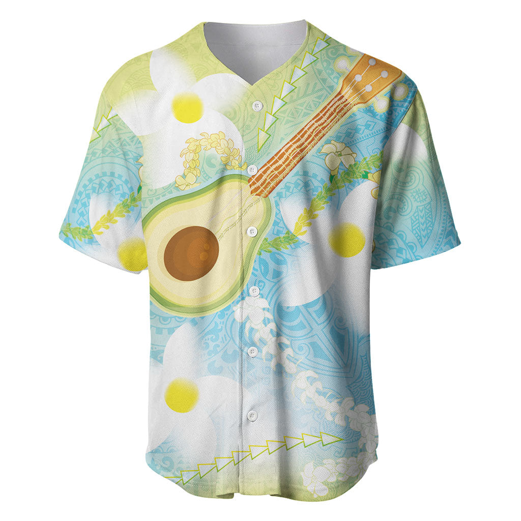 Hawaiian Ukulele Avocado Baseball Jersey Leis and Polynesian Pattern