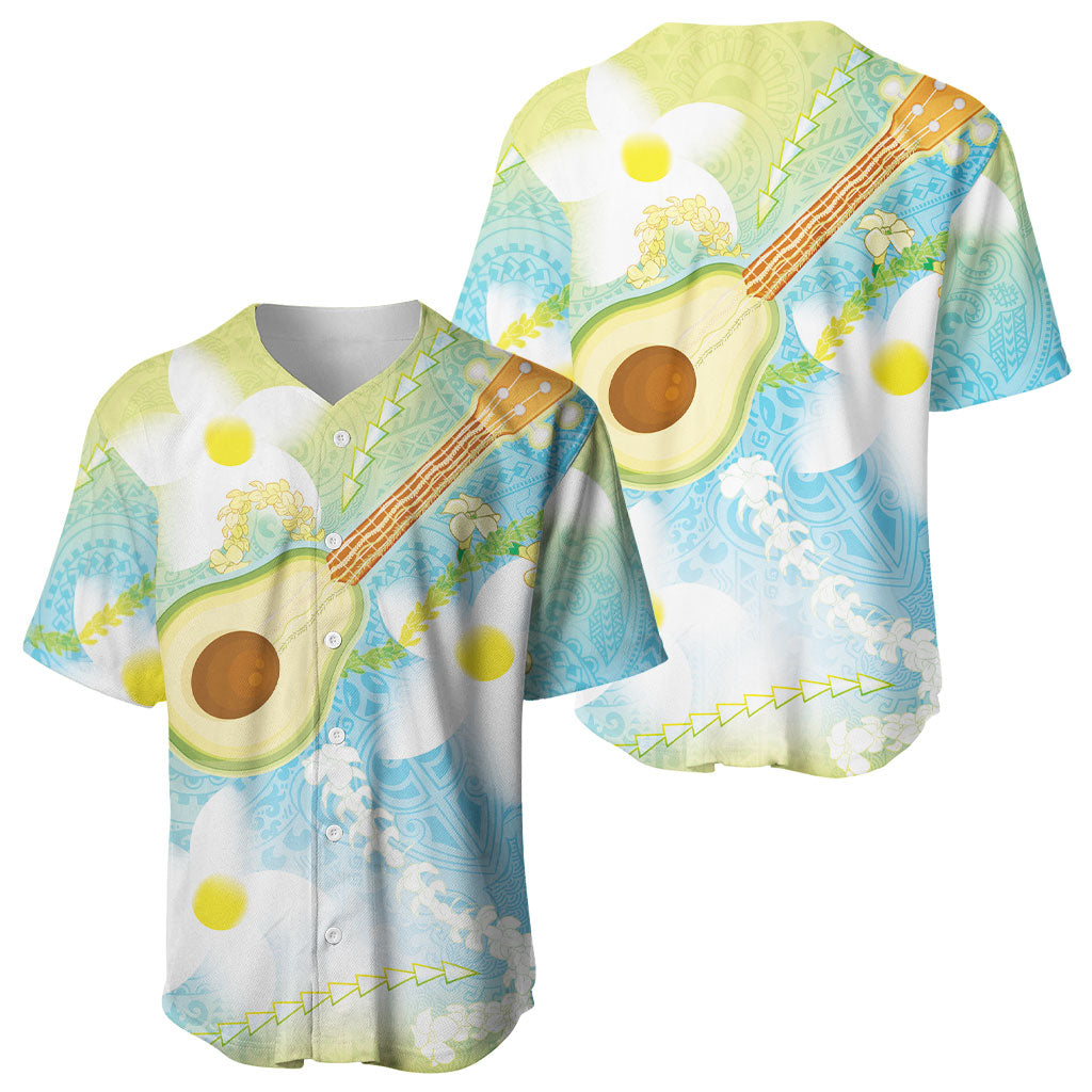 Hawaiian Ukulele Avocado Baseball Jersey Leis and Polynesian Pattern