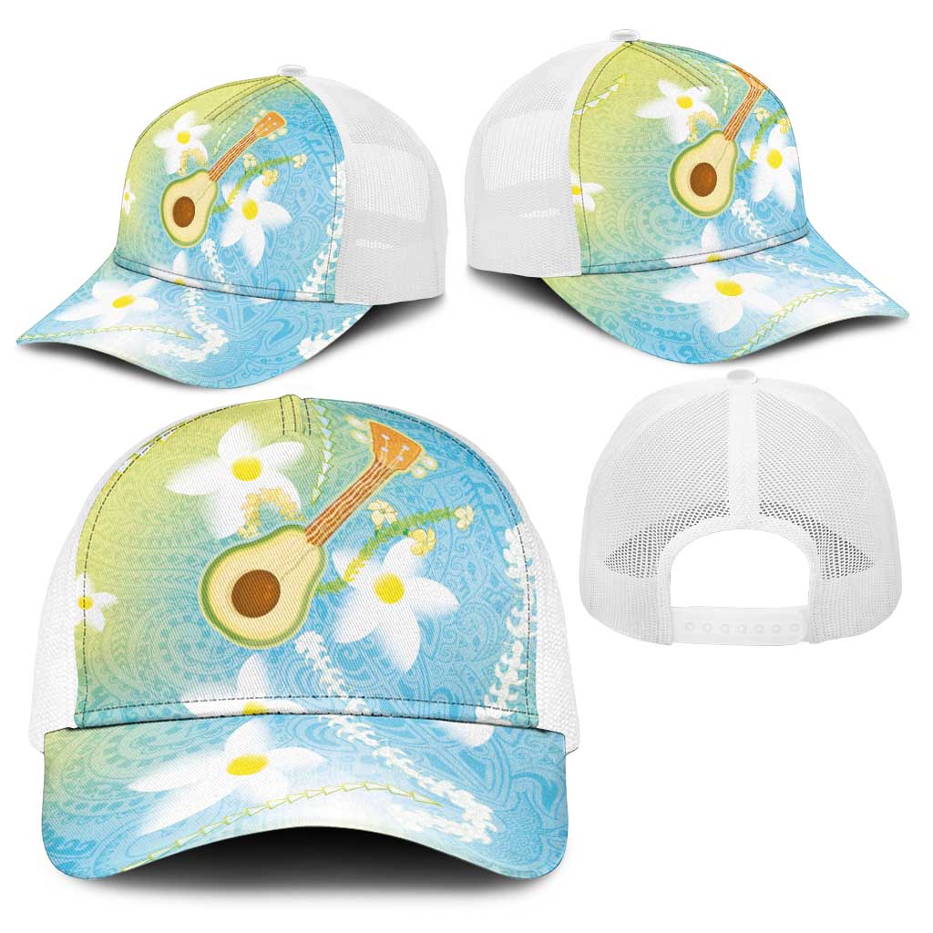 Hawaiian Ukulele Avocado Baseball Net Cap Leis and Polynesian Pattern