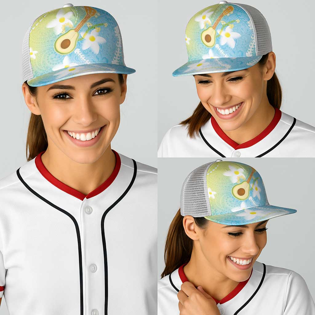Hawaiian Ukulele Avocado Baseball Net Cap Leis and Polynesian Pattern