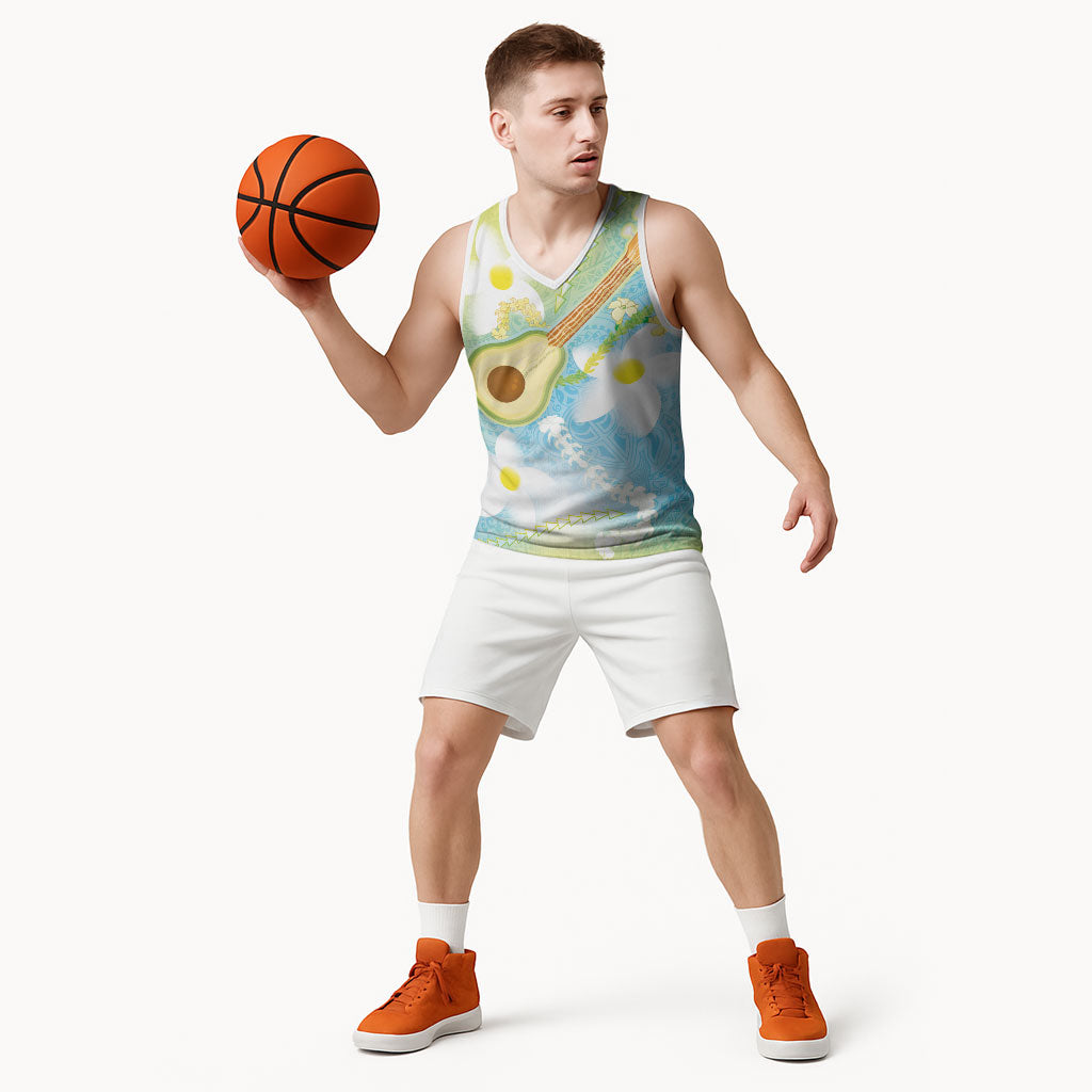 Hawaiian Ukulele Avocado Basketball Jersey Leis and Polynesian Pattern