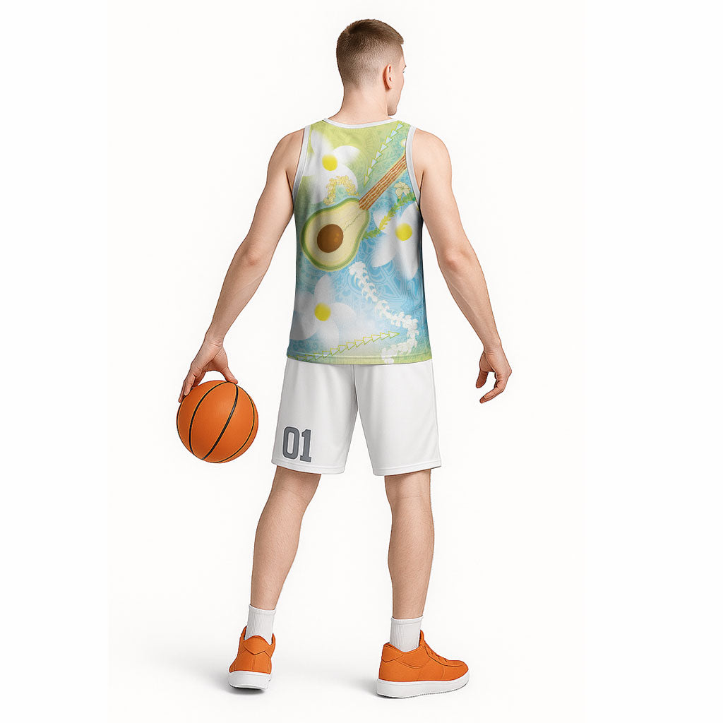 Hawaiian Ukulele Avocado Basketball Jersey Leis and Polynesian Pattern