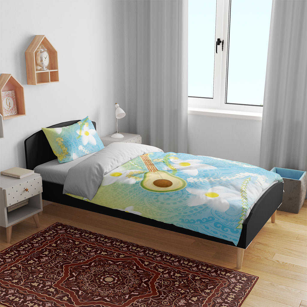 Hawaiian Ukulele Avocado Bedding Set Leis and Polynesian Pattern