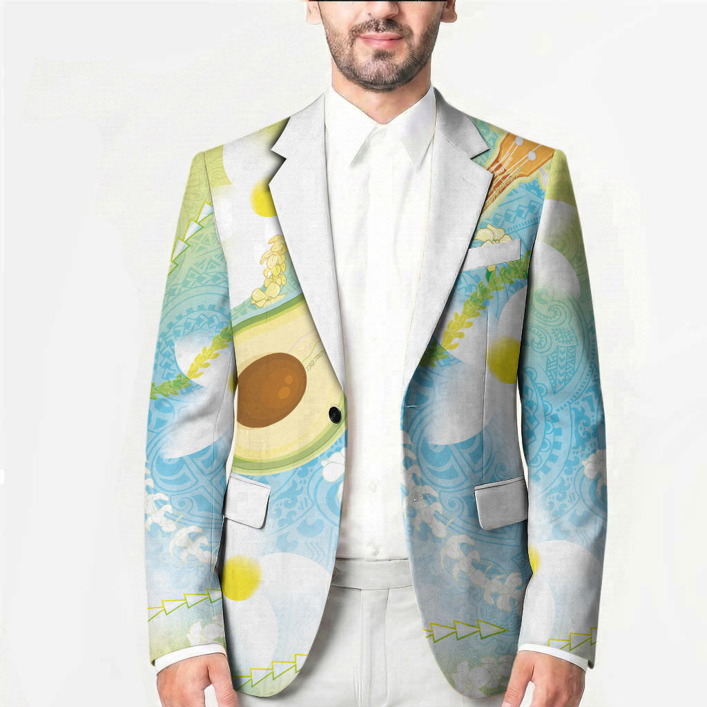 Hawaiian Ukulele Avocado Blazer Leis and Polynesian Pattern