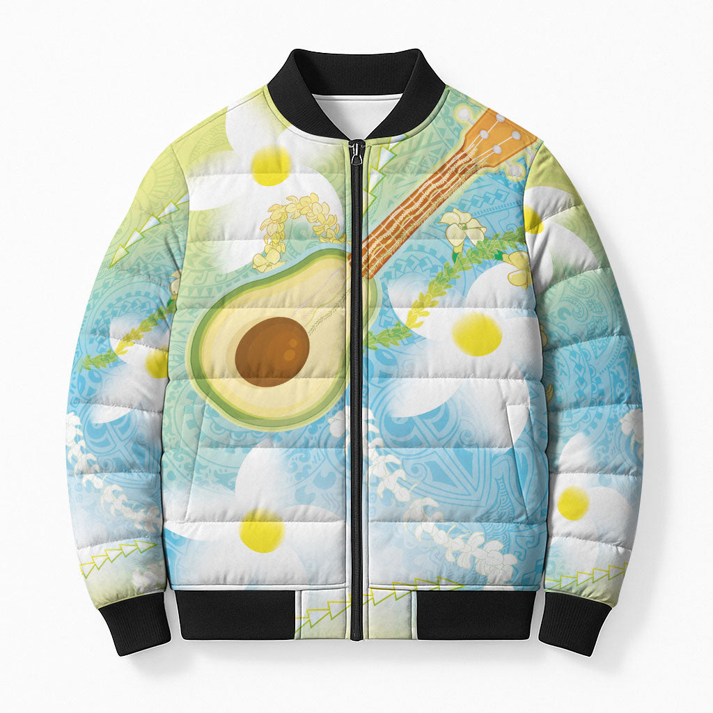 Hawaiian Ukulele Avocado Bomber Puffer Jacket Leis and Polynesian Pattern