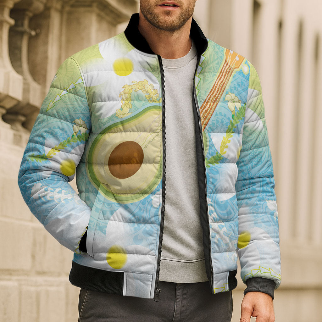 Hawaiian Ukulele Avocado Bomber Puffer Jacket Leis and Polynesian Pattern