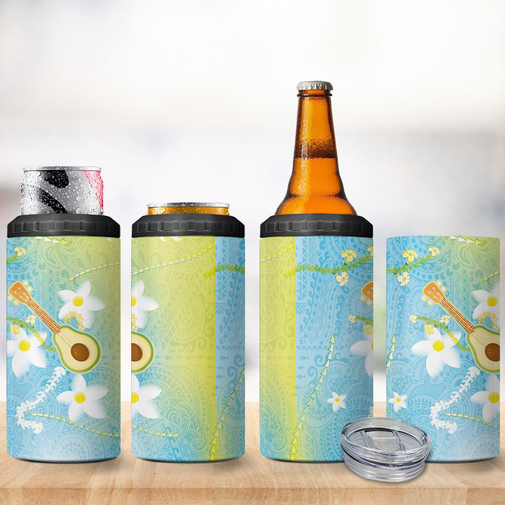 Hawaiian Ukulele Avocado 4 in 1 Can Cooler Tumbler Leis and Polynesian Pattern