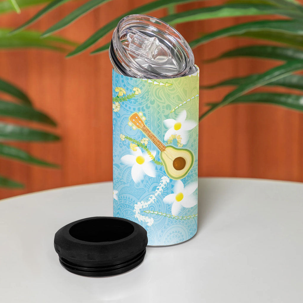 Hawaiian Ukulele Avocado 4 in 1 Can Cooler Tumbler Leis and Polynesian Pattern