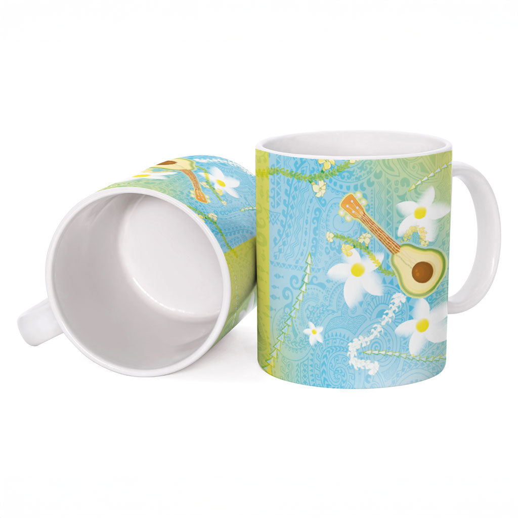 Hawaiian Ukulele Avocado Ceramic Mug Leis and Polynesian Pattern