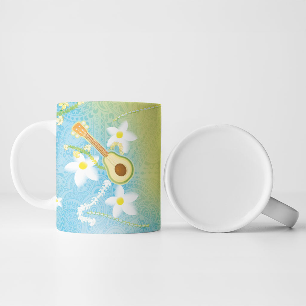 Hawaiian Ukulele Avocado Ceramic Mug Leis and Polynesian Pattern