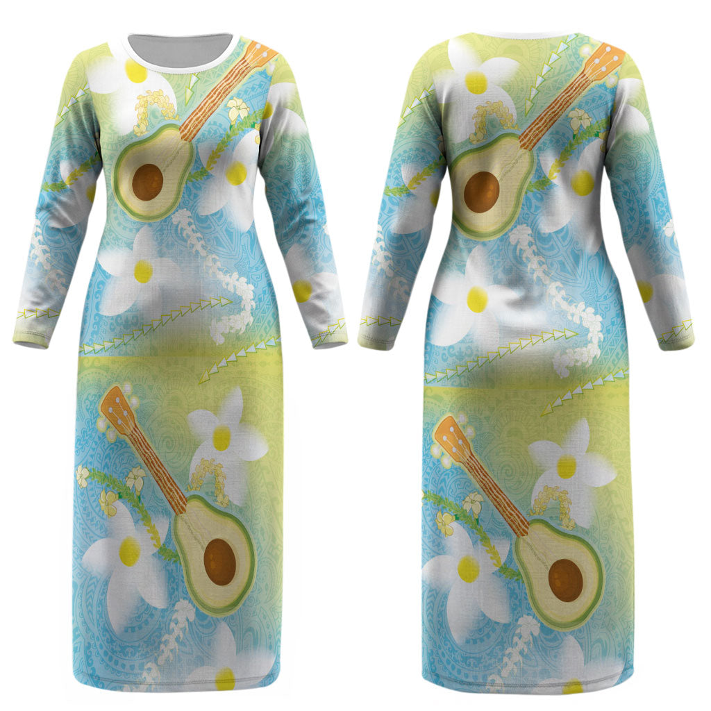 Hawaiian Ukulele Avocado Couples Matching Long Sleeve Bodycon Dress and Long Sleeve Button Shirt Leis and Polynesian Pattern