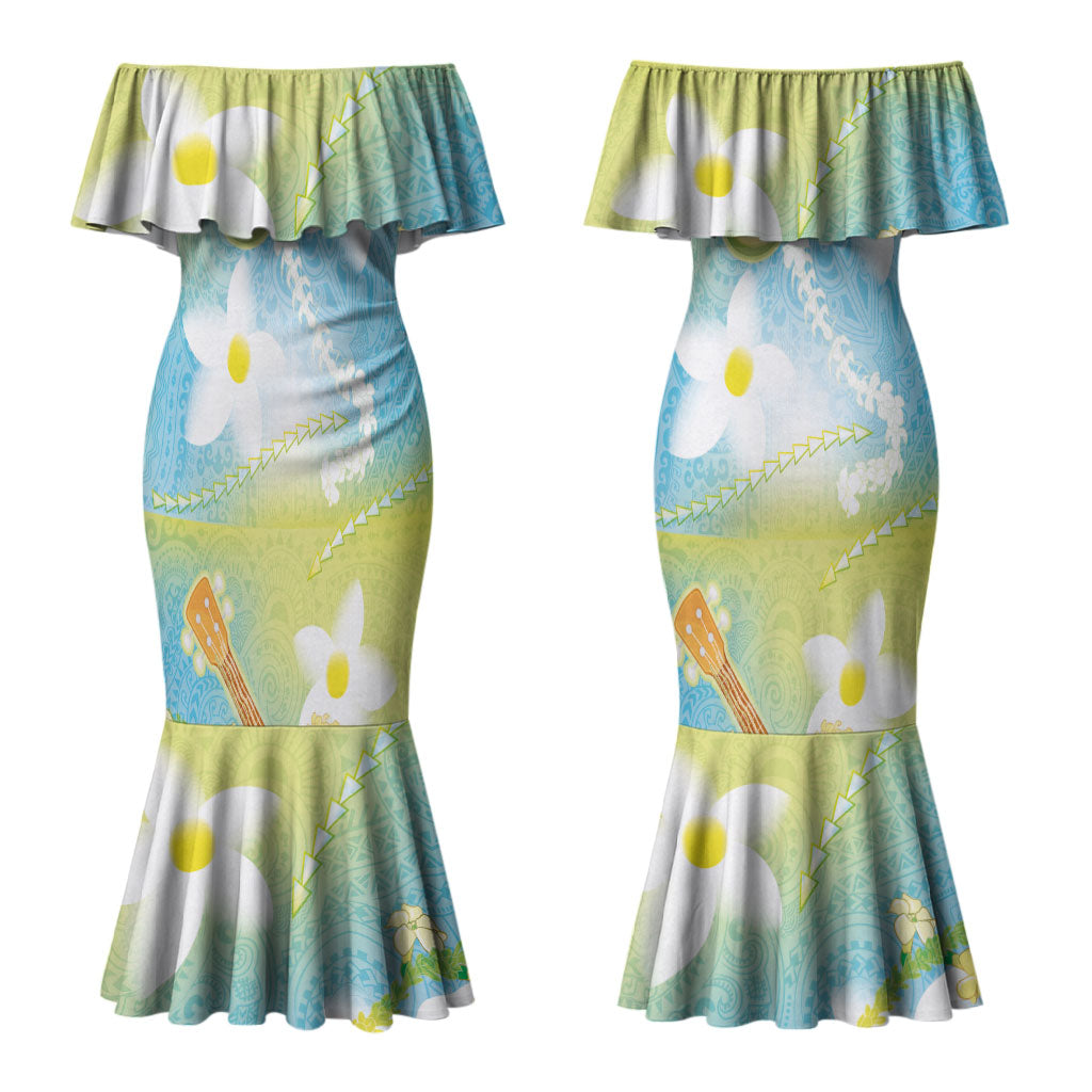 Hawaiian Ukulele Avocado Couples Matching Mermaid Dress and Long Sleeve Button Shirt Leis and Polynesian Pattern