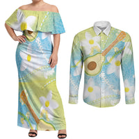 Hawaiian Ukulele Avocado Couples Matching Off Shoulder Maxi Dress and Long Sleeve Button Shirt Leis and Polynesian Pattern