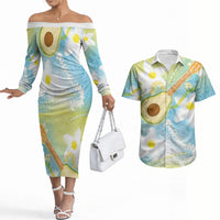 Hawaiian Ukulele Avocado Couples Matching Off The Shoulder Long Sleeve Dress and Hawaiian Shirt Leis and Polynesian Pattern