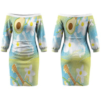 Hawaiian Ukulele Avocado Couples Matching Off The Shoulder Long Sleeve Dress and Long Sleeve Button Shirt Leis and Polynesian Pattern