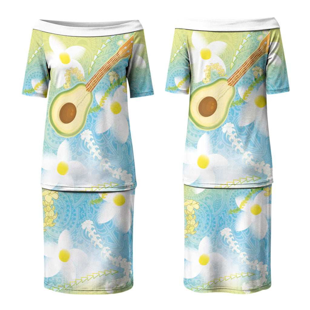 Hawaiian Ukulele Avocado Couples Matching Puletasi and Hawaiian Shirt Leis and Polynesian Pattern