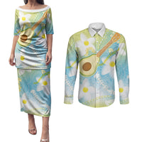 Hawaiian Ukulele Avocado Couples Matching Puletasi and Long Sleeve Button Shirt Leis and Polynesian Pattern