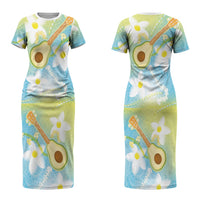 Hawaiian Ukulele Avocado Couples Matching Short Sleeve Bodycon Dress and Hawaiian Shirt Leis and Polynesian Pattern