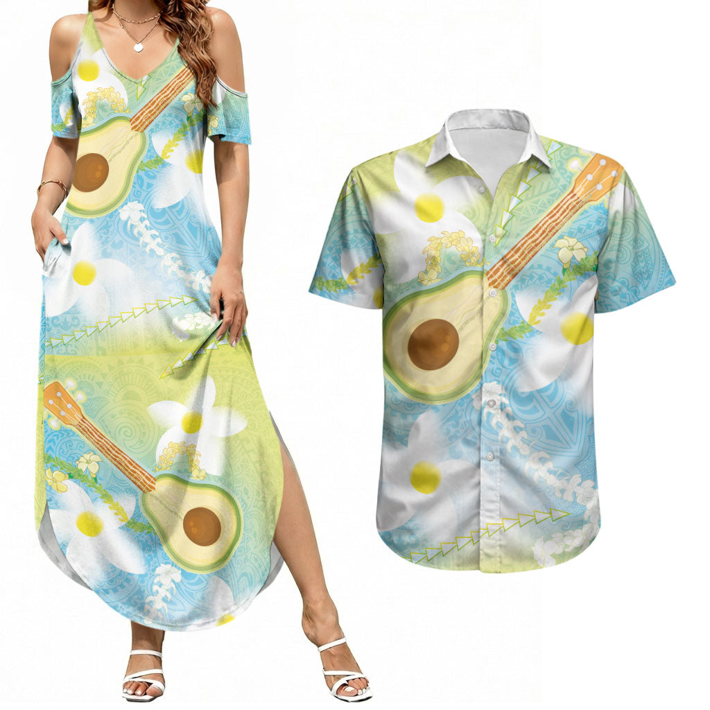 Hawaiian Ukulele Avocado Couples Matching Summer Maxi Dress and Hawaiian Shirt Leis and Polynesian Pattern