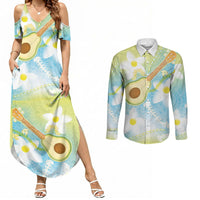 Hawaiian Ukulele Avocado Couples Matching Summer Maxi Dress and Long Sleeve Button Shirt Leis and Polynesian Pattern