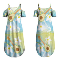 Hawaiian Ukulele Avocado Couples Matching Summer Maxi Dress and Long Sleeve Button Shirt Leis and Polynesian Pattern