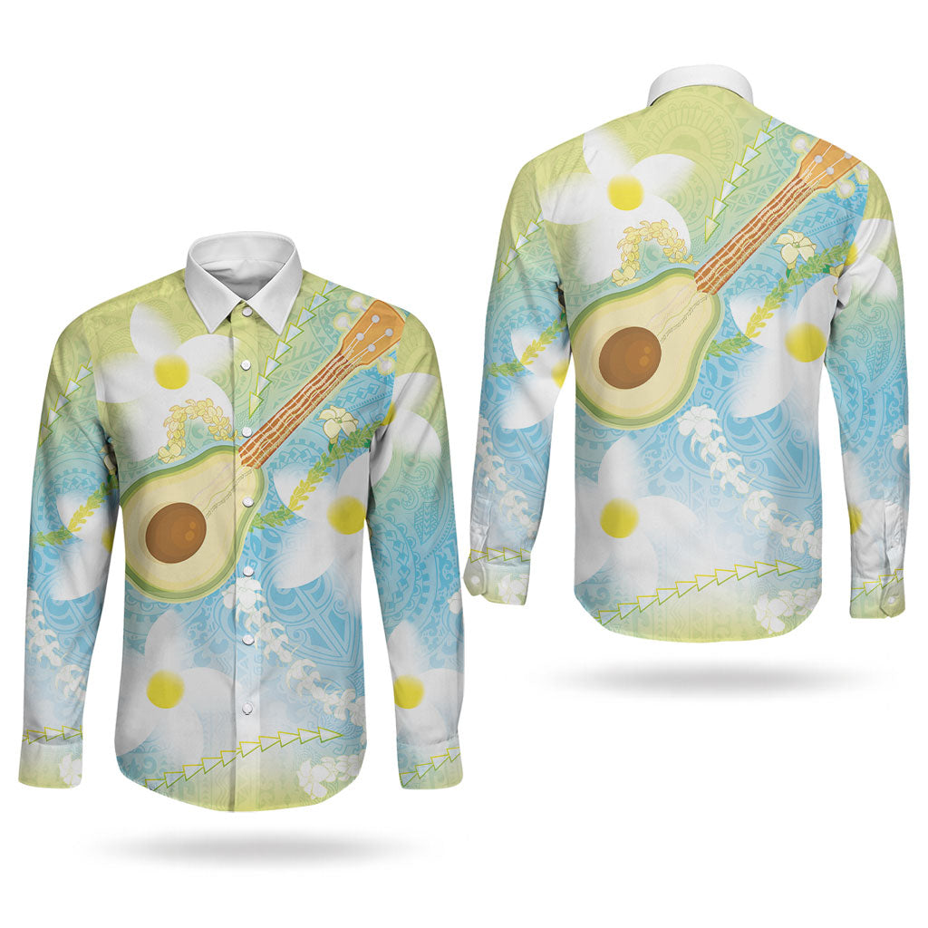 Hawaiian Ukulele Avocado Couples Matching Tank Maxi Dress and Long Sleeve Button Shirt Leis and Polynesian Pattern