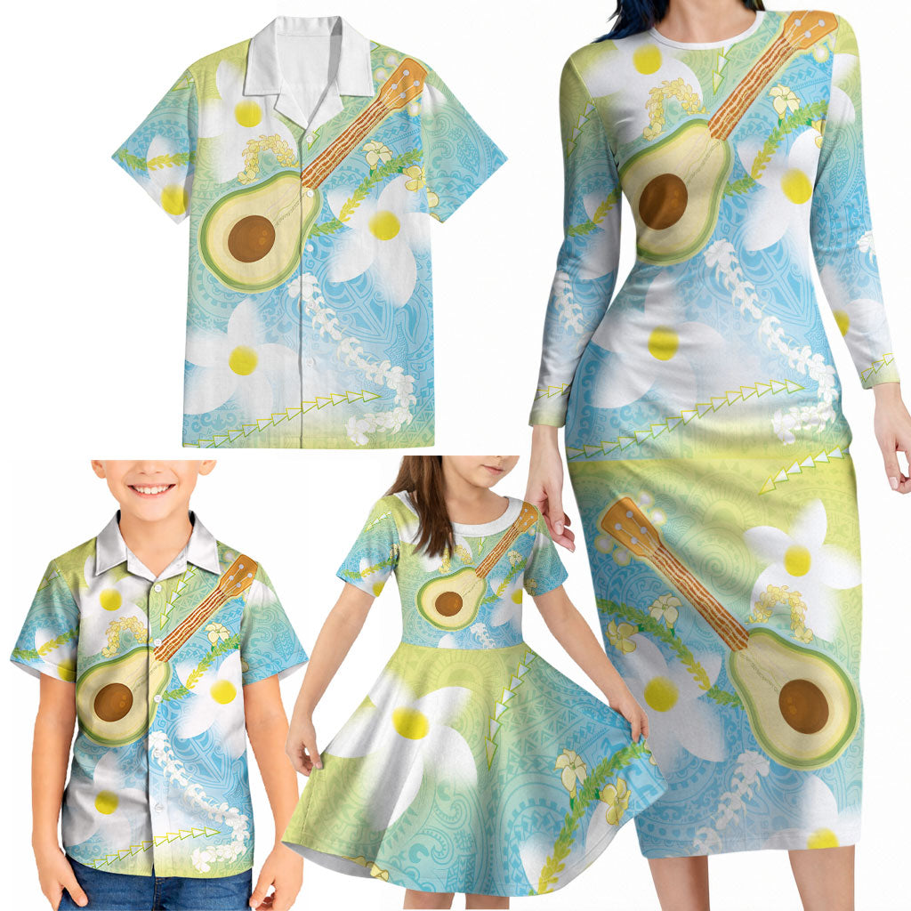 Hawaiian Ukulele Avocado Family Matching Long Sleeve Bodycon Dress and Hawaiian Shirt Leis and Polynesian Pattern LT03 - Polynesian Pride
