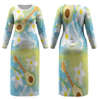 Hawaiian Ukulele Avocado Family Matching Long Sleeve Bodycon Dress and Hawaiian Shirt Leis and Polynesian Pattern