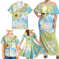 Hawaiian Ukulele Avocado Family Matching Off Shoulder Maxi Dress and Hawaiian Shirt Leis and Polynesian Pattern
