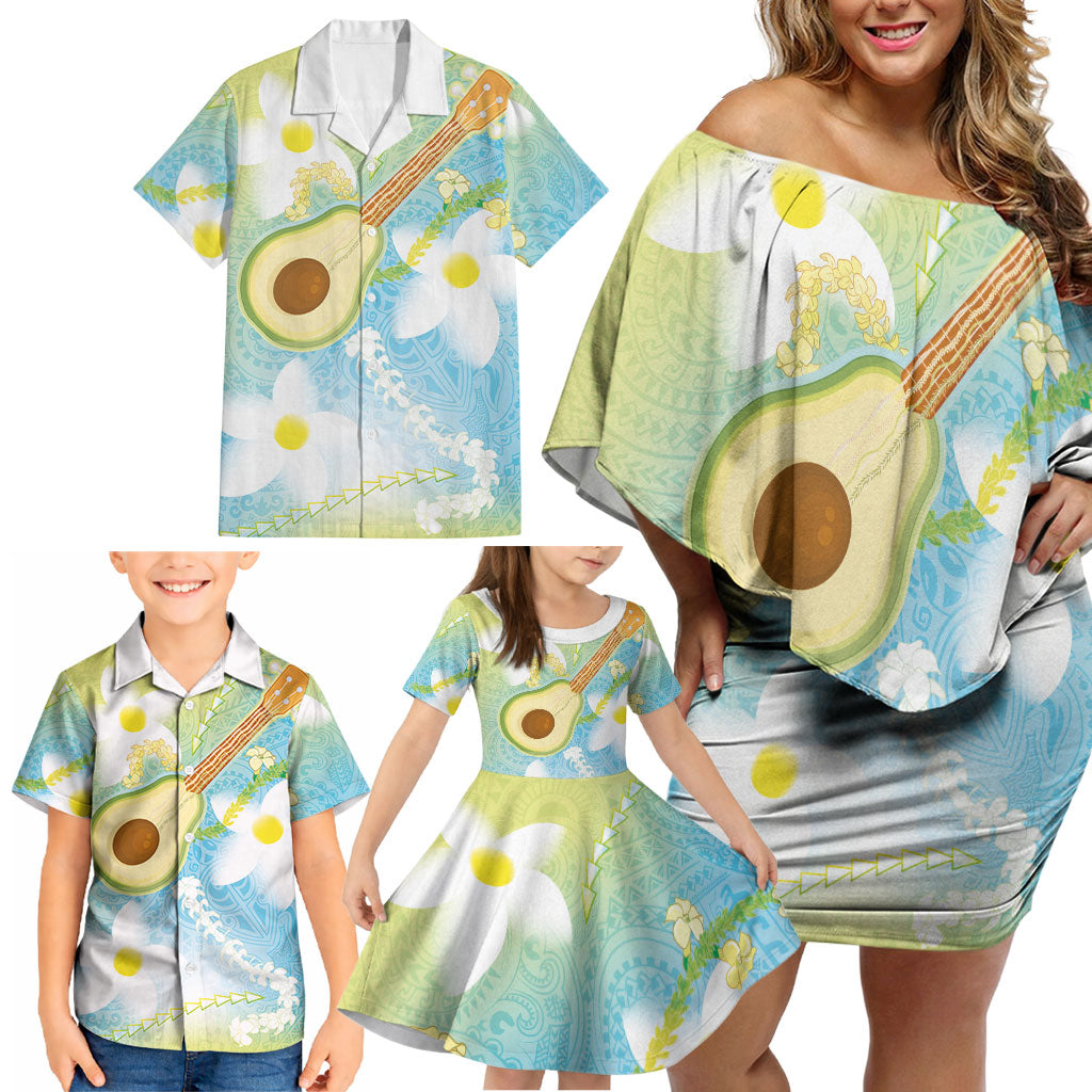 Hawaiian Ukulele Avocado Family Matching Off Shoulder Short Dress and Hawaiian Shirt Leis and Polynesian Pattern