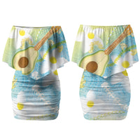 Hawaiian Ukulele Avocado Family Matching Off Shoulder Short Dress and Hawaiian Shirt Leis and Polynesian Pattern