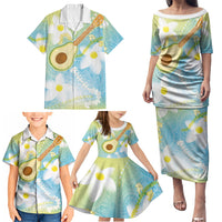 Hawaiian Ukulele Avocado Family Matching Puletasi and Hawaiian Shirt Leis and Polynesian Pattern