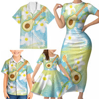 Hawaiian Ukulele Avocado Family Matching Short Sleeve Bodycon Dress and Hawaiian Shirt Leis and Polynesian Pattern