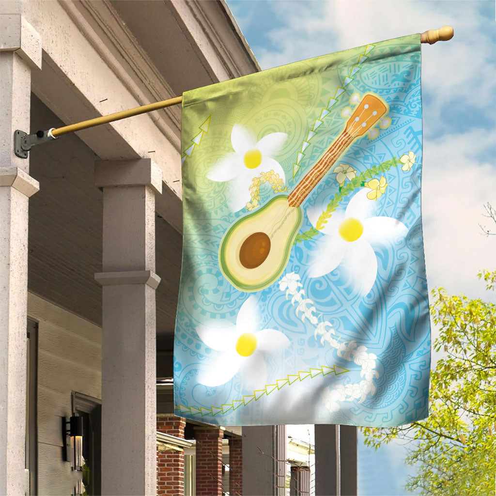 Hawaiian Ukulele Avocado Garden Flag Leis and Polynesian Pattern