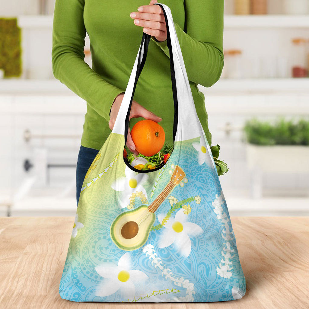 Hawaiian Ukulele Avocado Grocery Bag Leis and Polynesian Pattern