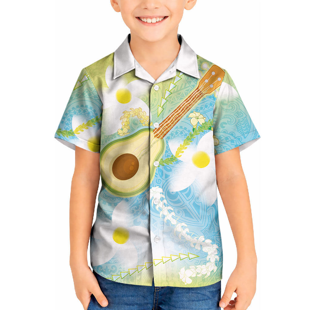Hawaiian Ukulele Avocado Kid Hawaiian Shirt Leis and Polynesian Pattern