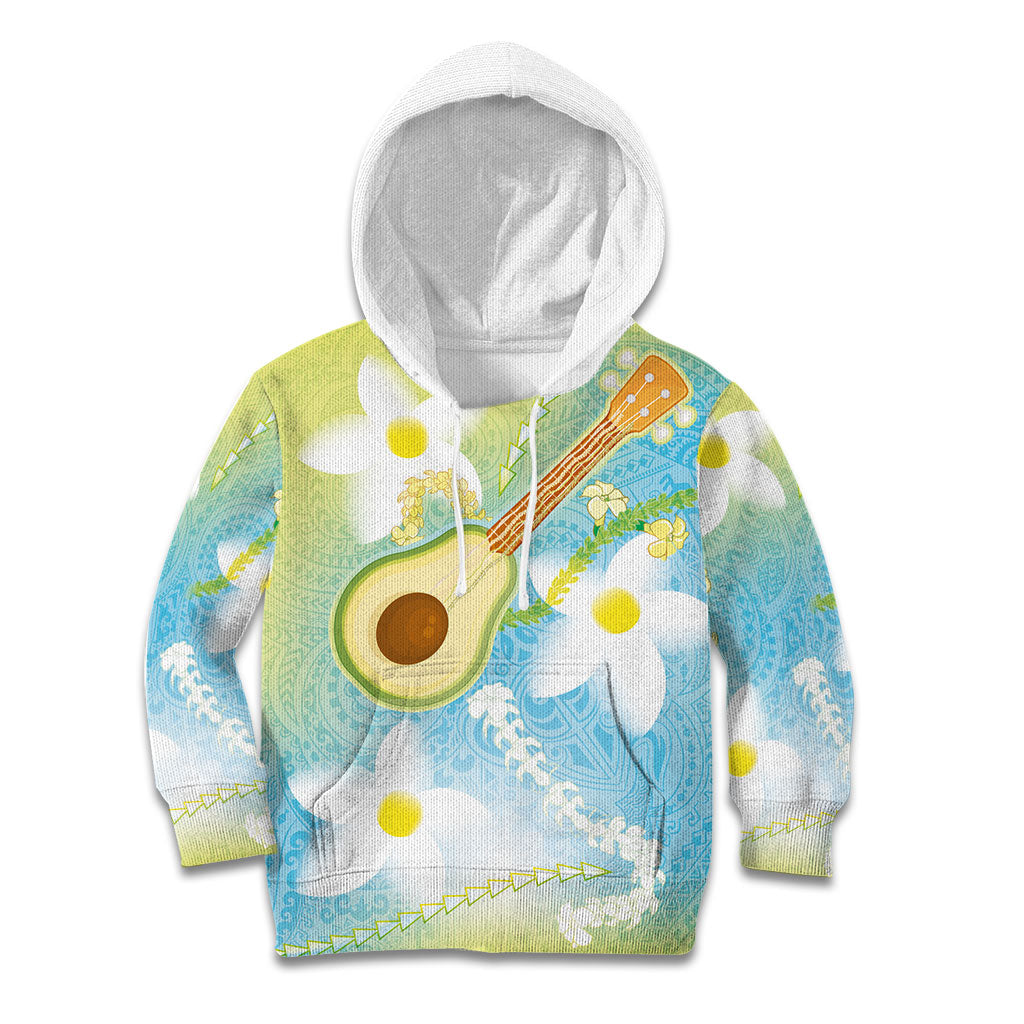 Hawaiian Ukulele Avocado Kid Hoodie Leis and Polynesian Pattern