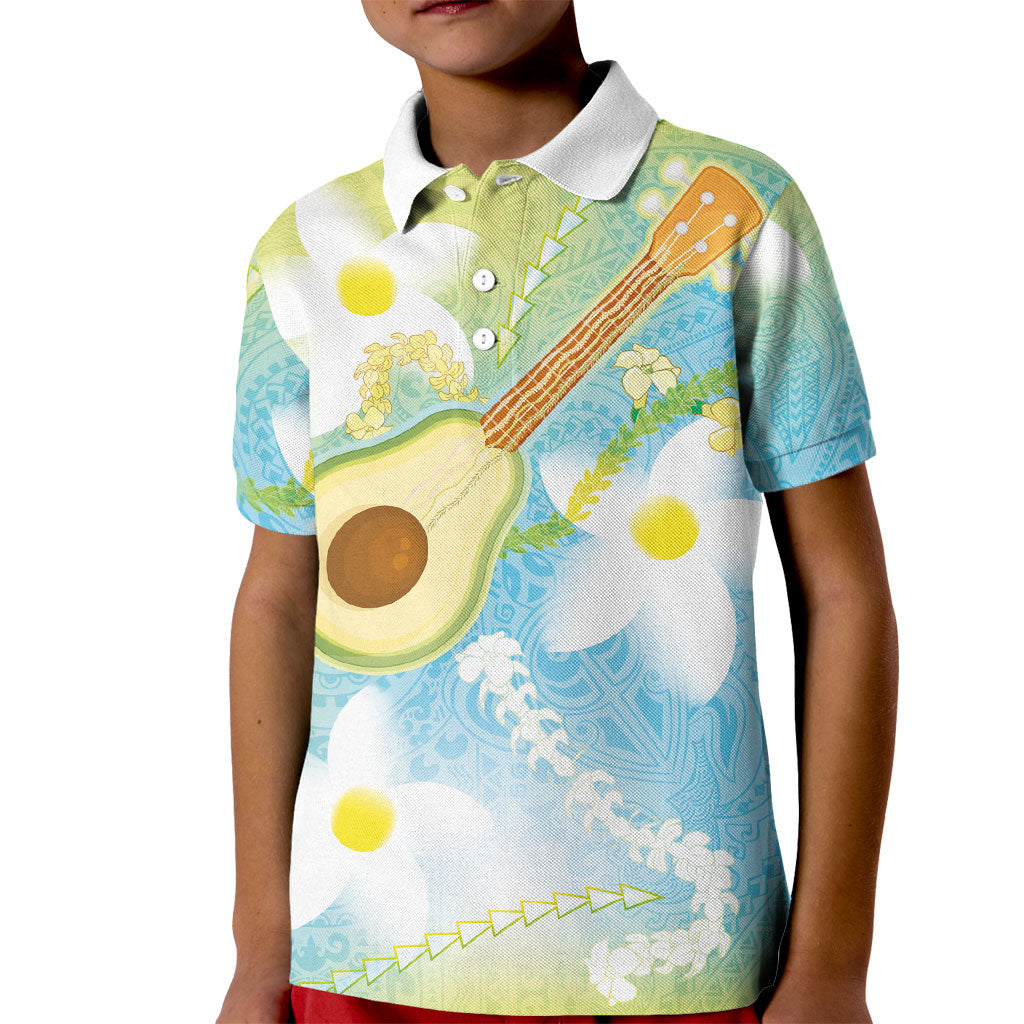 Hawaiian Ukulele Avocado Kid Polo Shirt Leis and Polynesian Pattern