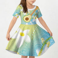 Hawaiian Ukulele Avocado Kid Short Sleeve Dress Leis and Polynesian Pattern
