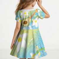 Hawaiian Ukulele Avocado Kid Short Sleeve Dress Leis and Polynesian Pattern