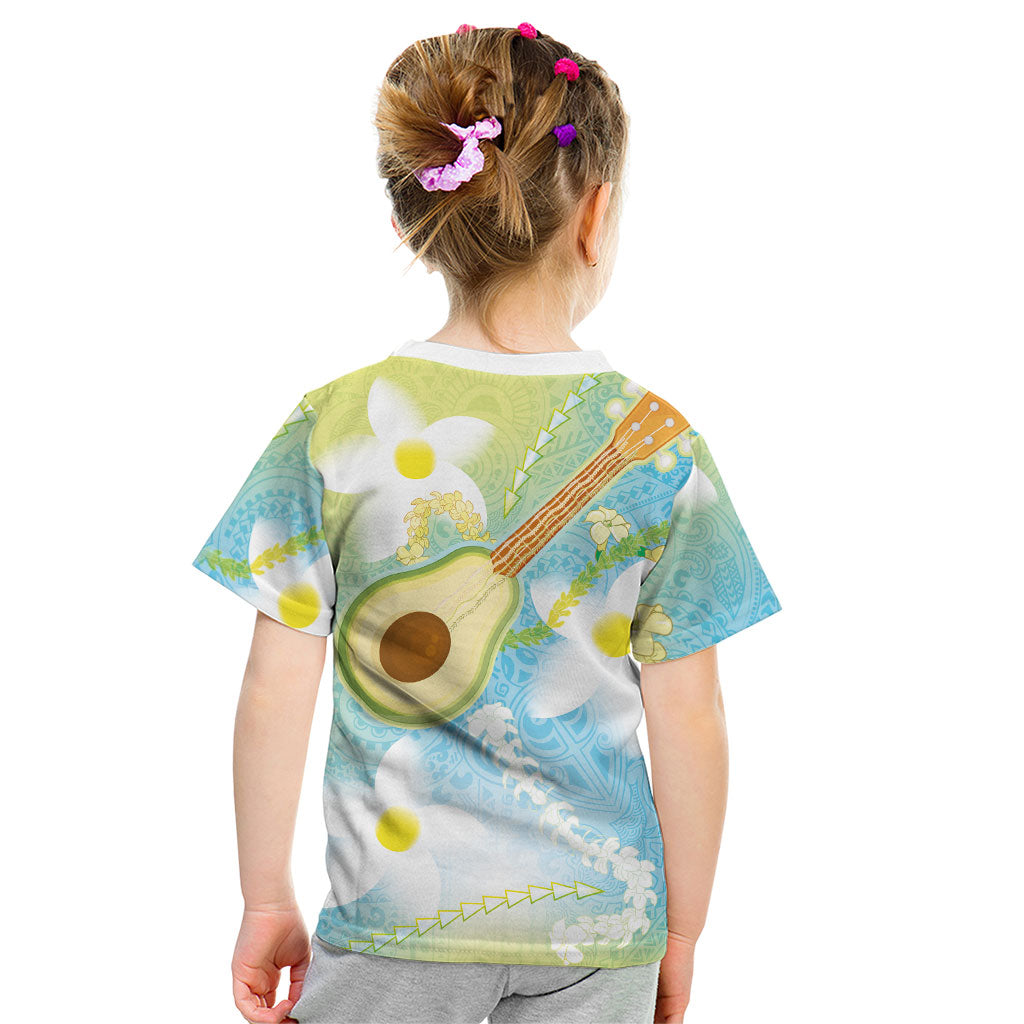 Hawaiian Ukulele Avocado Kid T Shirt Leis and Polynesian Pattern