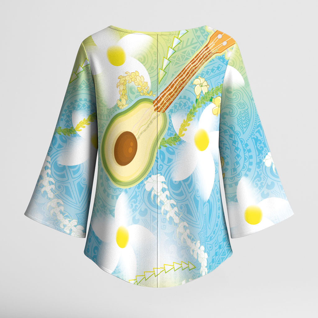 Hawaiian Ukulele Avocado Kimono Sleeve Blouse Leis and Polynesian Pattern
