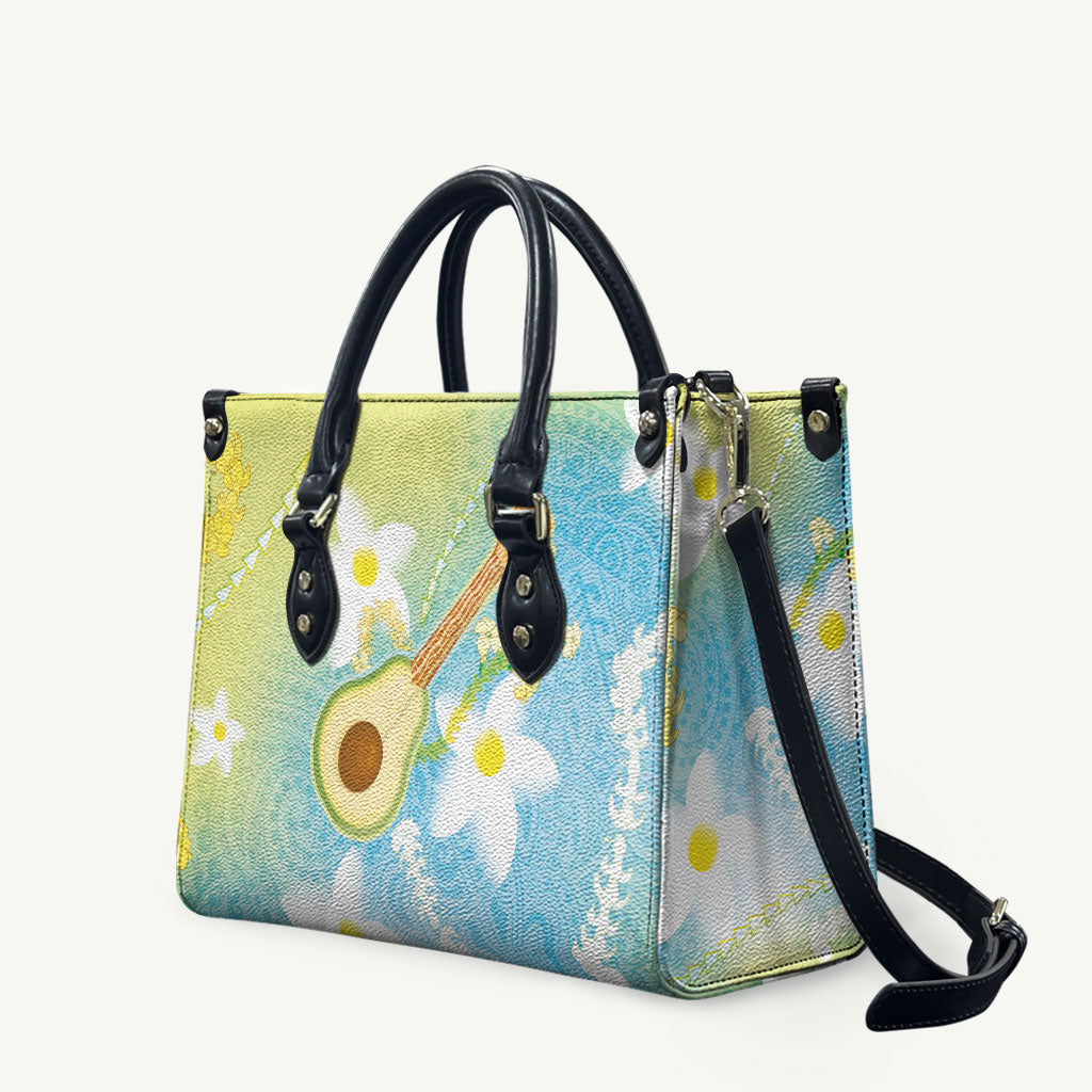 Hawaiian Ukulele Avocado Leather Bag Leis and Polynesian Pattern