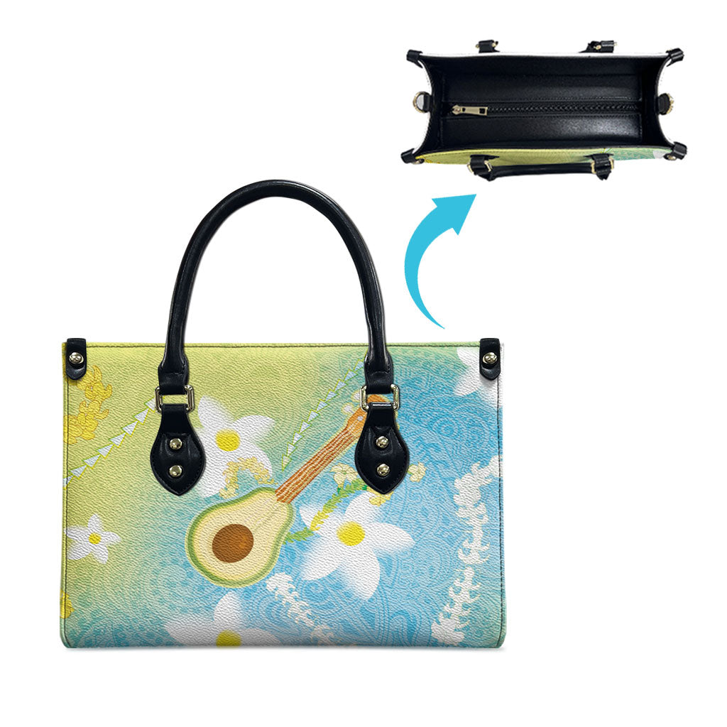 Hawaiian Ukulele Avocado Leather Bag Leis and Polynesian Pattern