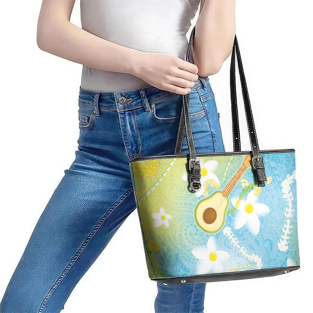 Hawaiian Ukulele Avocado Leather Tote Bag Leis and Polynesian Pattern