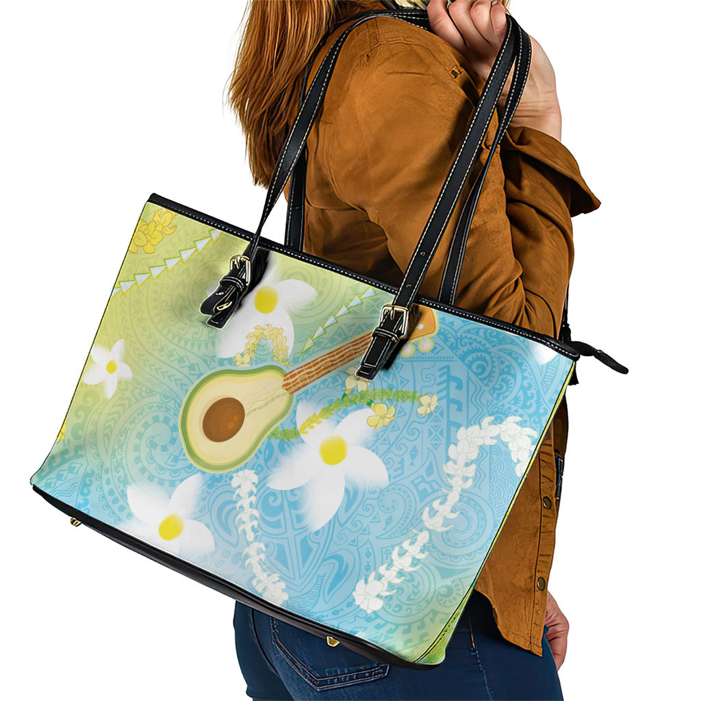 Hawaiian Ukulele Avocado Leather Tote Bag Leis and Polynesian Pattern