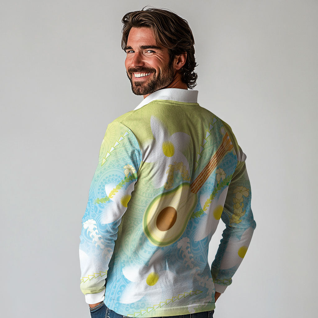 Hawaiian Ukulele Avocado Long Sleeve Polo Shirt Leis and Polynesian Pattern