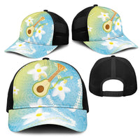 Hawaiian Ukulele Avocado Mesh Trucker Cap Leis and Polynesian Pattern